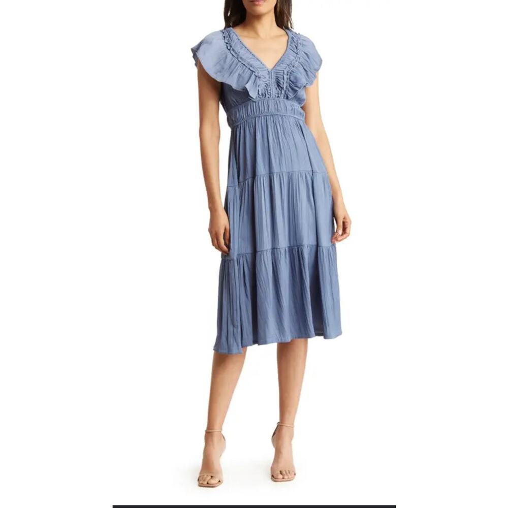 T TAHARI Airflow Ruffle Tiered Midi Dress In Slate-Size M